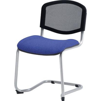 Cantilever chair, stackable, mesh back rest, aluminium coloured frame, bordeaux upholstery, pack of 4.