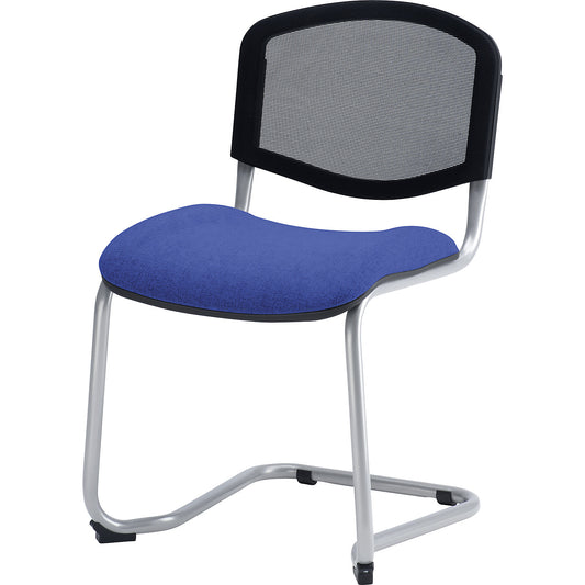 Cantilever chair, stackable, mesh back rest, aluminium coloured frame, bordeaux upholstery, pack of 4.