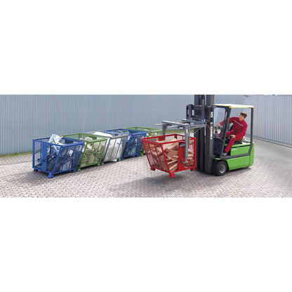 Mesh tilting skip, 4-way stackable, capacity 0.6 m³, blue.