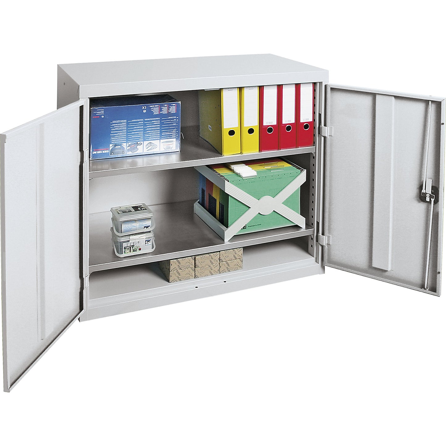 Double door cupboard, with solid panel doors, 2 shelves, light grey.