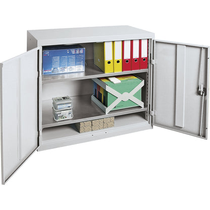 Double door cupboard, with solid panel doors, 2 shelves, light grey.