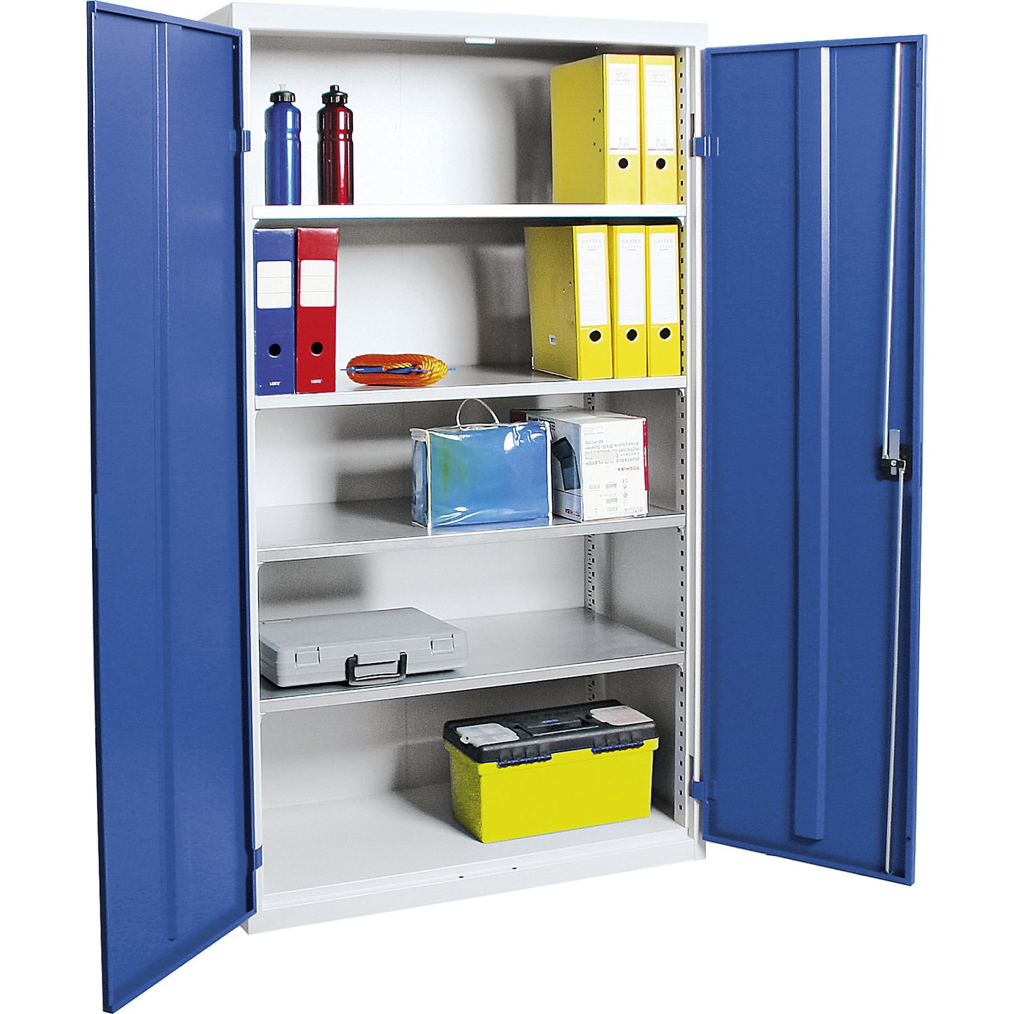 Double door cupboard, with solid panel doors, 4 shelves, light grey / gentian blue.