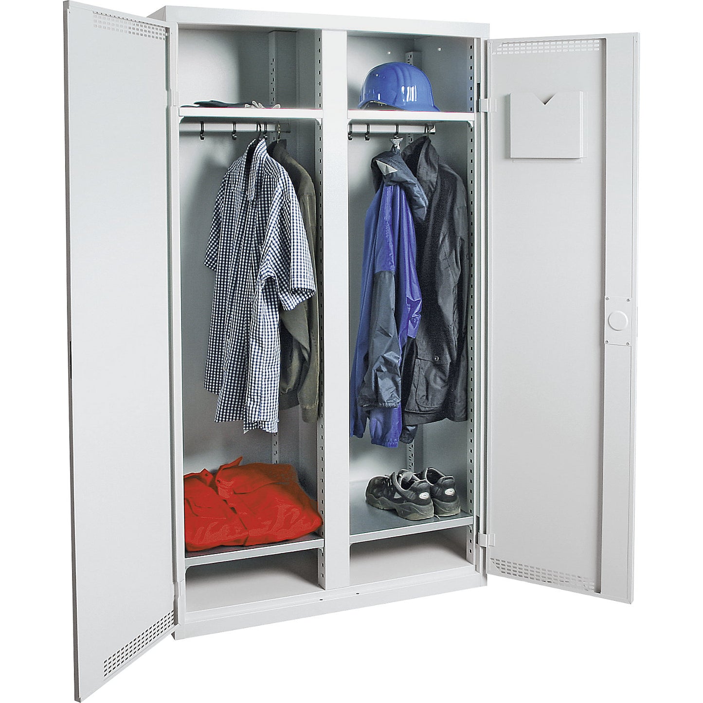 Cloakroom locker, 1 centre partition, 4 shelves, light grey.