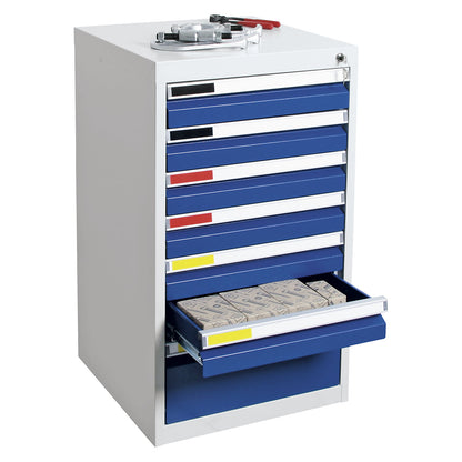 Drawer cupboard, width 500 mm, 7 drawers, light grey / gentian blue.