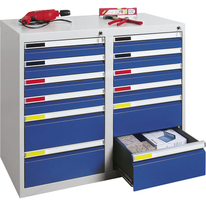 Drawer cupboard, width 1000 mm, 12 drawers, light grey / gentian blue.