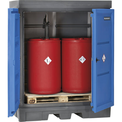 PE hazardous goods storage depot with doors, for 2 x 200 l drums, collection capacity 250 l.