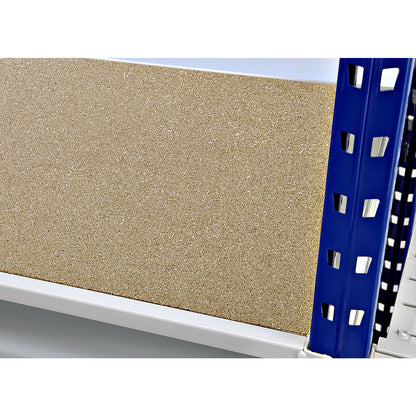 Heavy duty wide span shelving with moulded chipboard shelf panels, frame colour blue, HxWxD 2496 x 2330 x 600 mm, extension shelf unit.