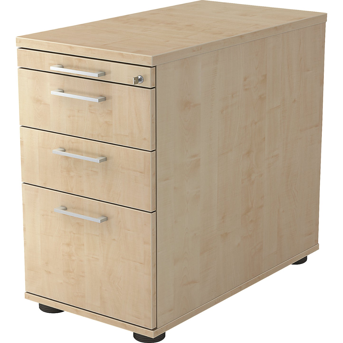Fixed pedestal, 1 utensil drawer, 2 drawers, 1 suspension file drawer, maple finish.
