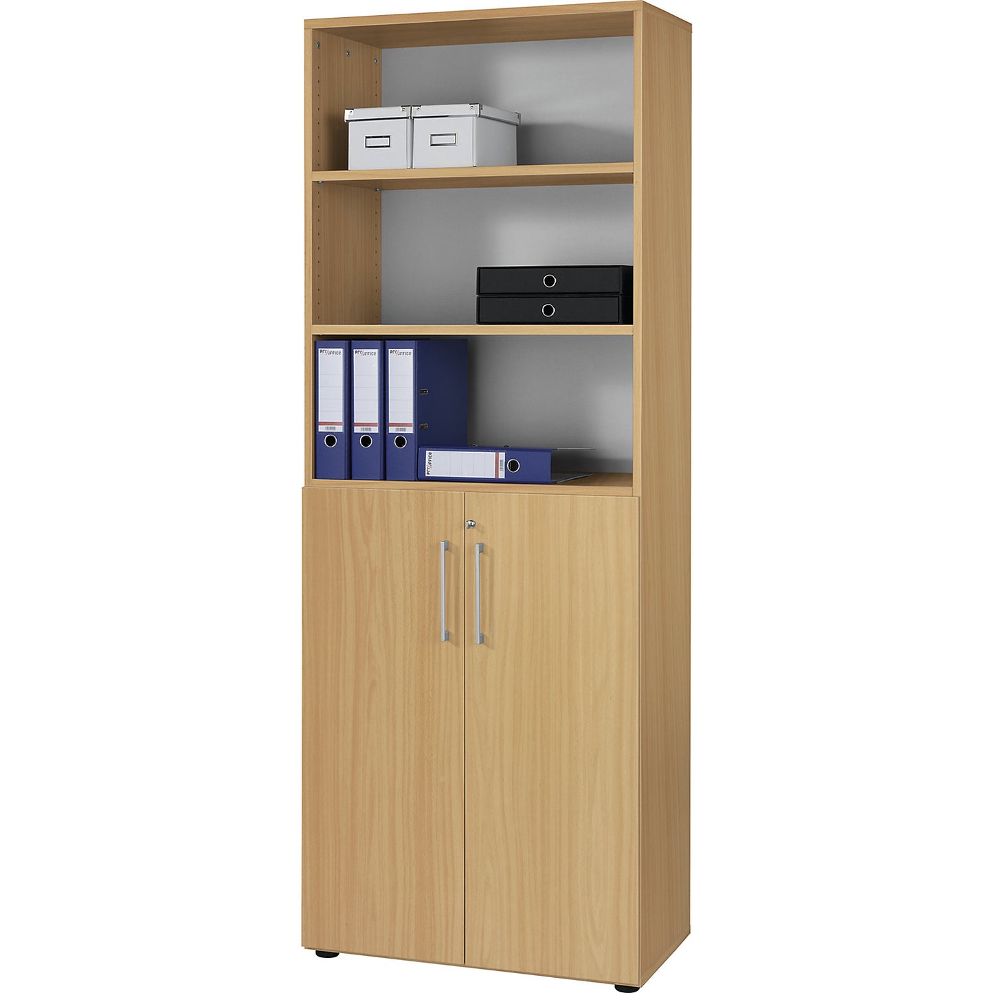RENATUS - Office cupboard/shelf unit, 5 shelves, 6 file heights (3 of which are open), graphite / oak.