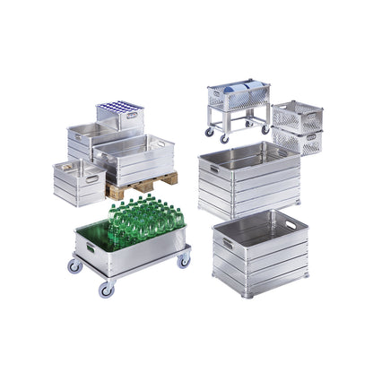 Transport and stacking containers made of aluminium, capacity 117 l, for use on roller conveyors.
