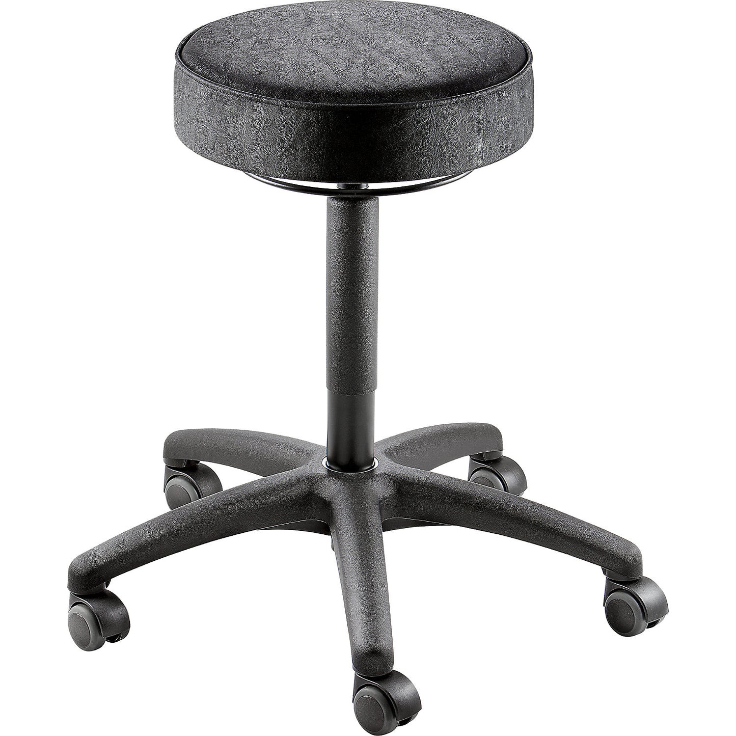 Industrial stool, with castors, seat, vinyl.