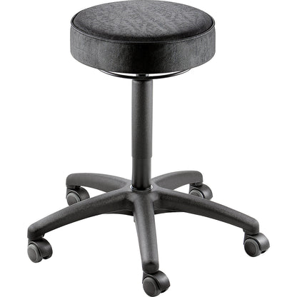 Industrial stool, with castors, seat, vinyl.
