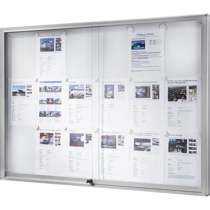 Display case, aluminium frame, sliding doors, 18 x A4, flame resistant, WxHxD 1330 x 970 x 50 mm.