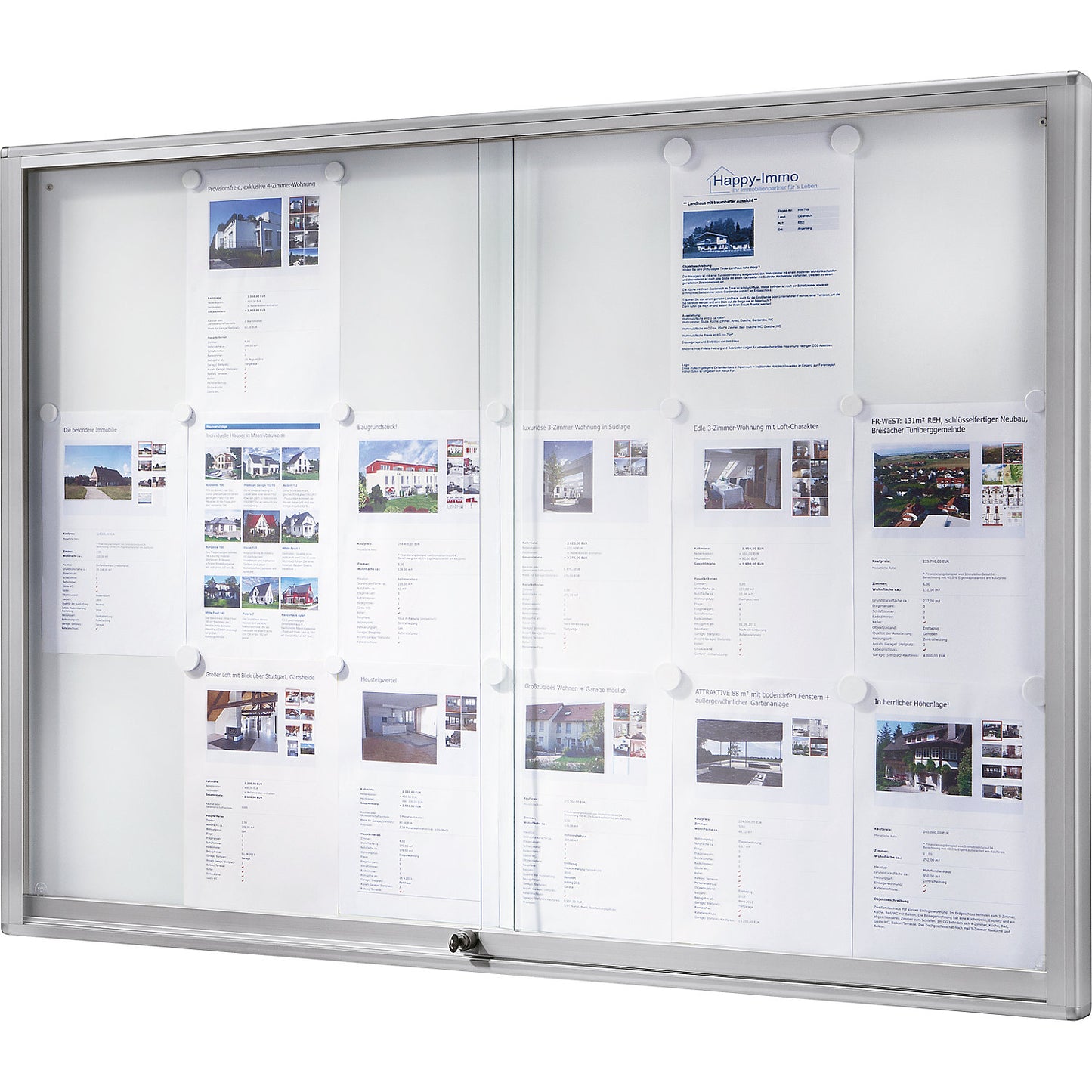 Display case, aluminium frame, sliding doors, 21 x A4, flame resistant, WxHxD 1540 x 970 x 50 mm.