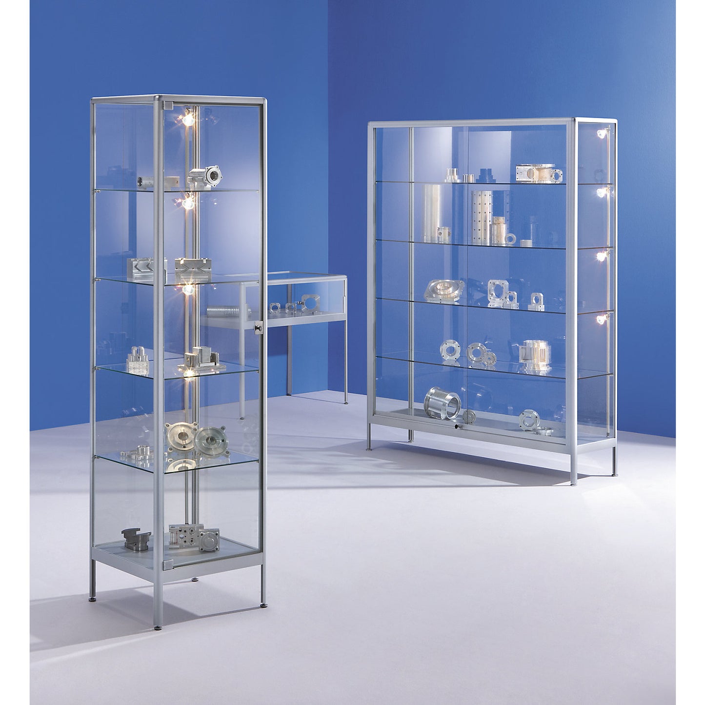 Glass cabinet, free standing glass cabinet model, width 1500 mm, 2 sliding doors, flame resistant.