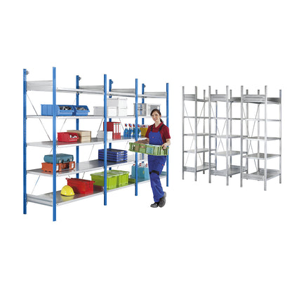 Standard boltless shelving unit, zinc plated, single sided, shelf height 2350 mm, shelf width 1215 mm, extension shelf unit, shelf depth 550 mm.