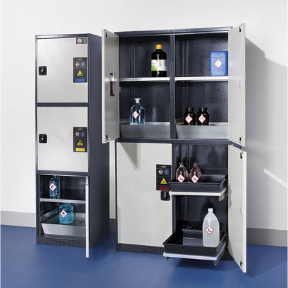 MULTIRISK chemical storage cupboard, 2 x 1 shelf, 1 base sump tray, 2 x 2 drawers, HxWxD 1950 x 1055 x 520 mm, 4 compartments.