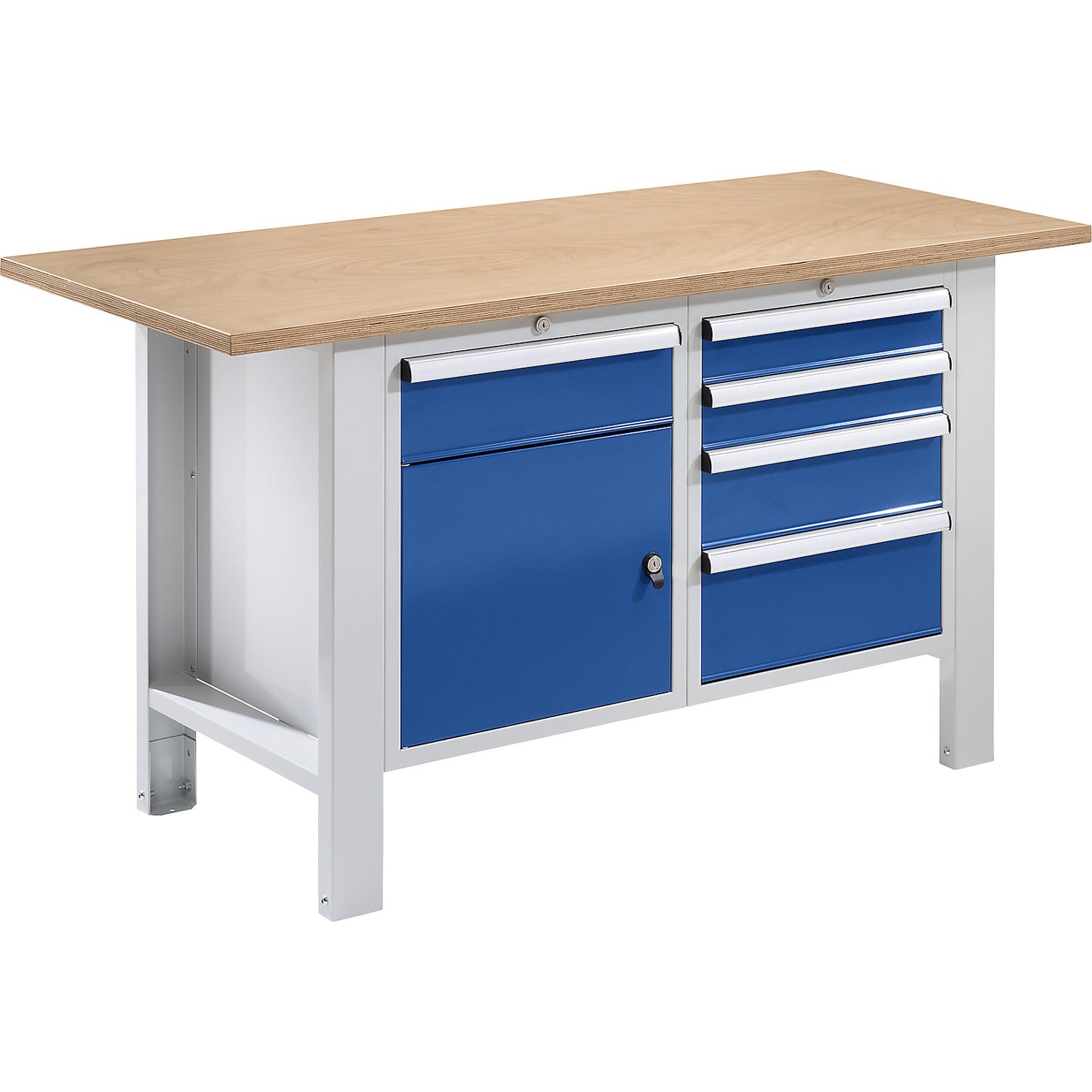 Workbench, modular system, worktop width 1500 mm, 5 drawers, 1 door, multiplex panel.