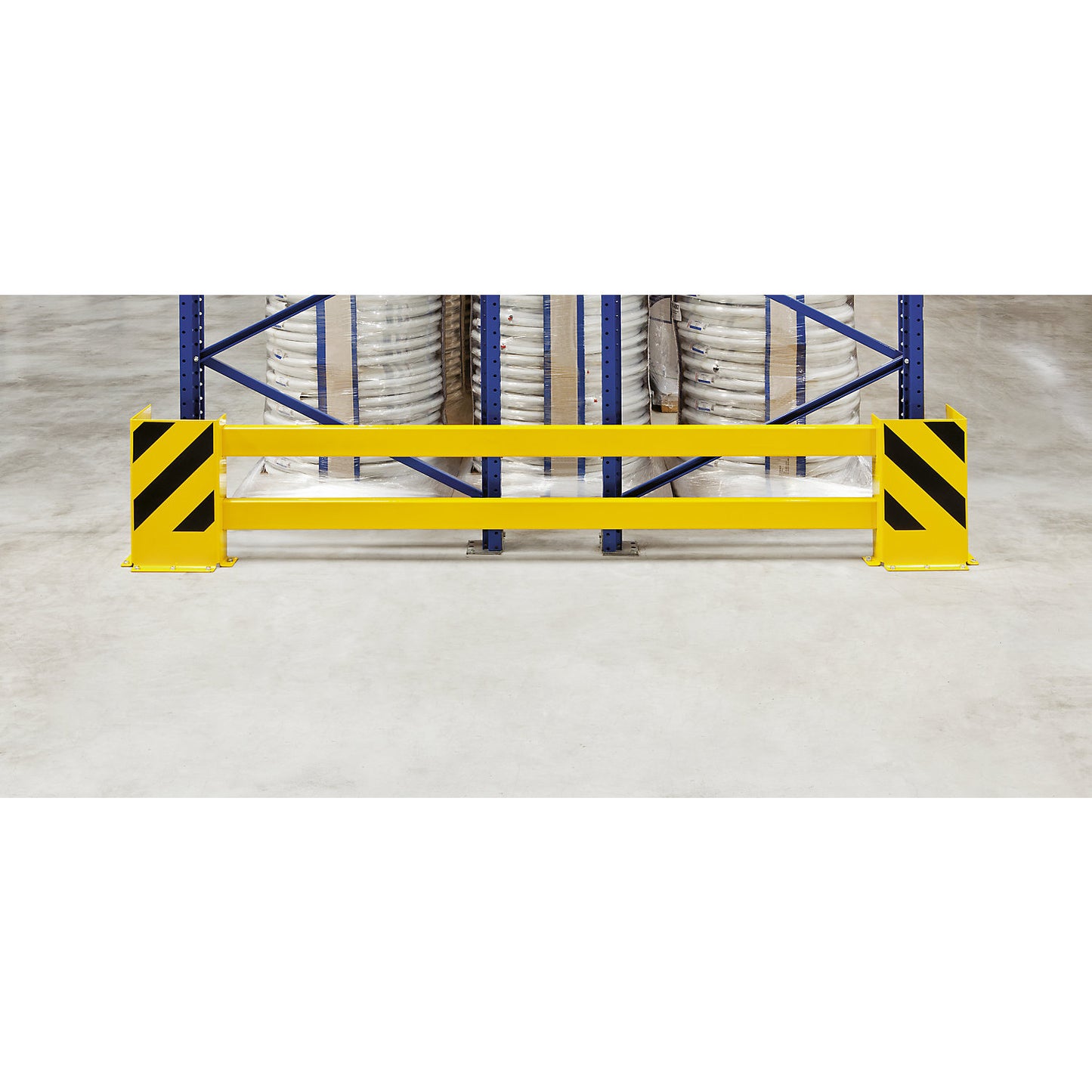 Rack protection guard rail set, with corner guards, for double sided shelving, width 2300 - 2700 mm.