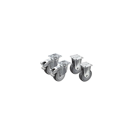 Thermoplastic rubber tyre, set offer, 2 swivel castors with wheel stops and 2 fixed castors, mounting plate, wheel Ø x width 50 x 18 mm.