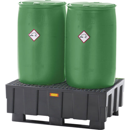 PE sump tray for 200 l drums, with runners, sump capacity 224 l, with zinc plated steel mesh.
