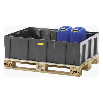 PE sump tray for 200 l drums, base/pallet sump tray, sump capacity 250 l, without grate.