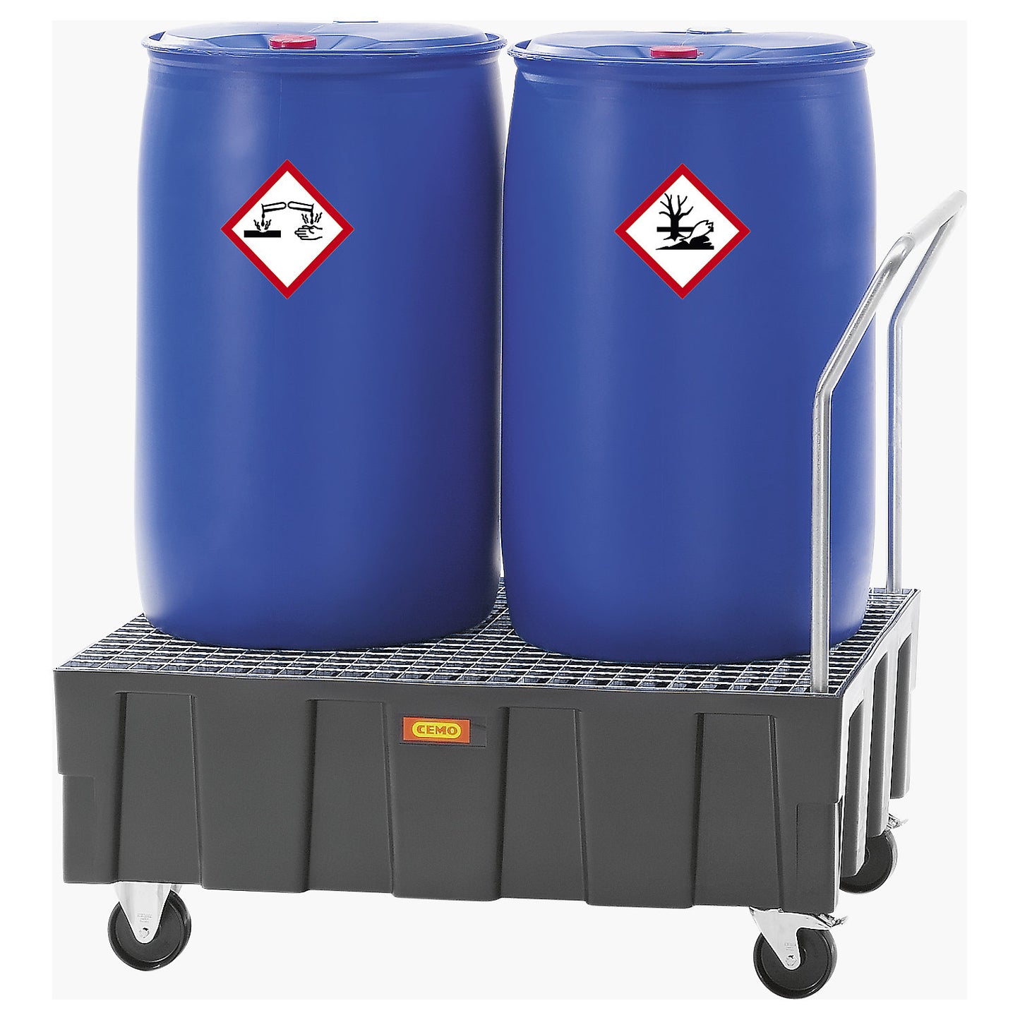 PE sump tray for 200 l drums, mobile using push handle, sump capacity 250 l, without grate.