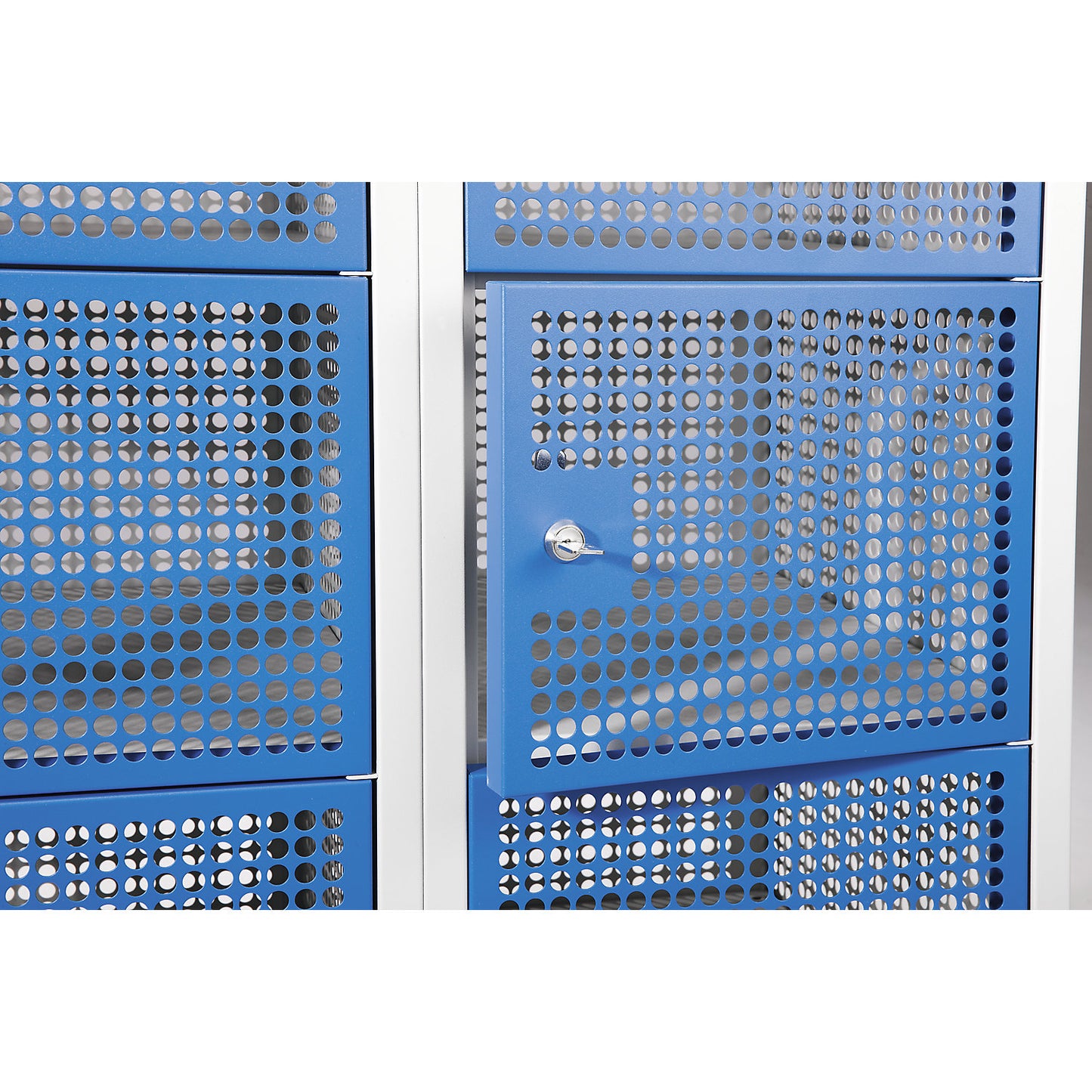 Perforated sheet steel locker, 2 compartments, light grey / basalt grey, W 800 mm, rotary bolt.