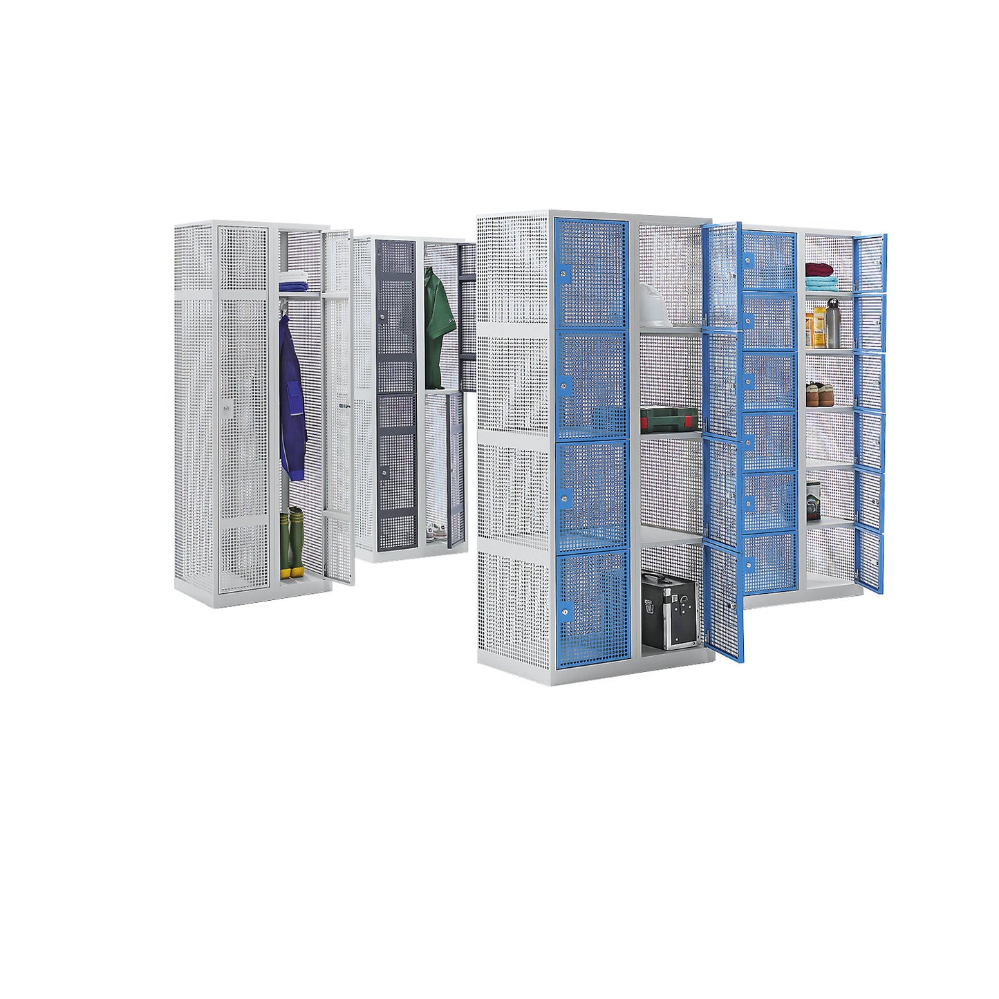 6-fold compartment locker, perforated sheet steel, 2 compartments, light grey, W 800 mm, rotary bolt.