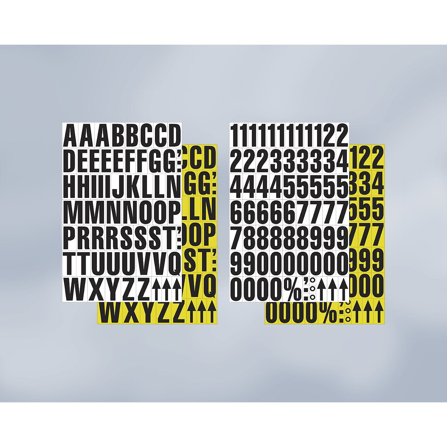 A4 sheet with characters, magnetic letters, pack of 2, yellow background.