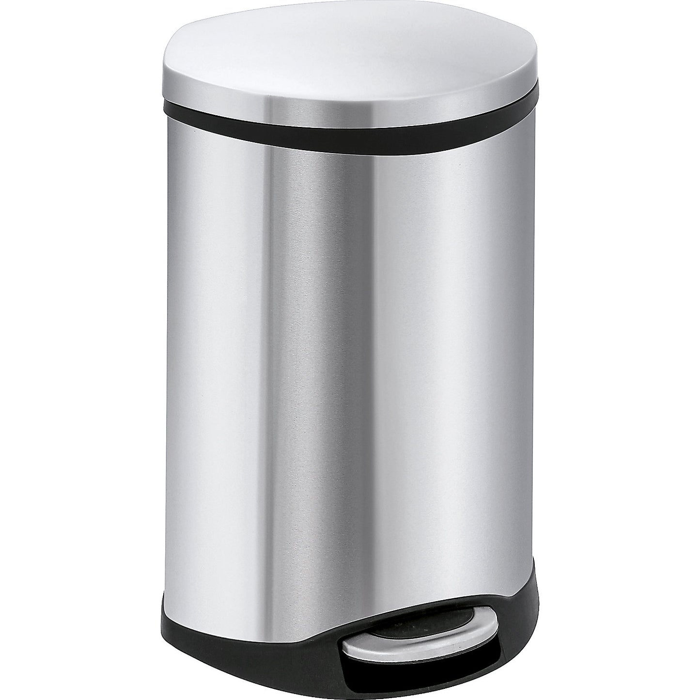 Waste collector with pedal, shell shape, capacity 50 l, HxWxD 705 x 406 x 406 mm, stainless steel body.