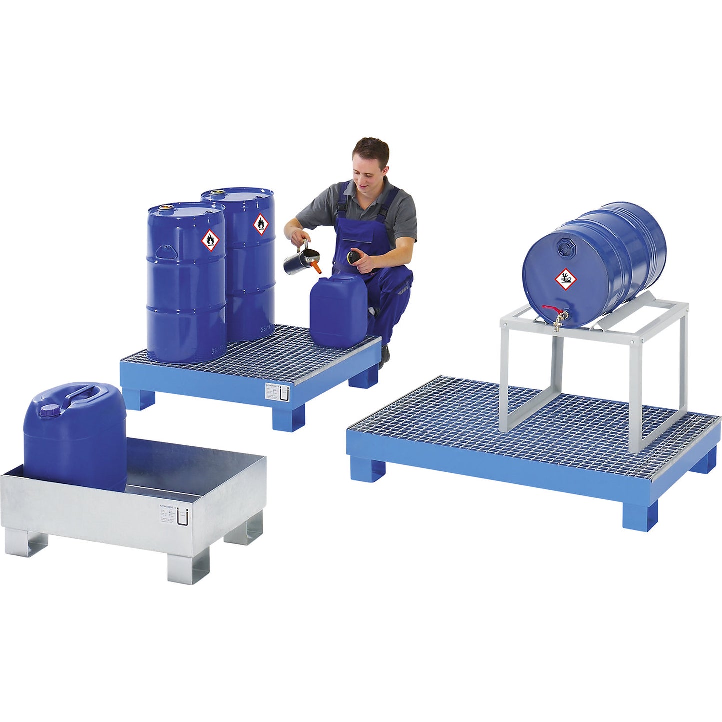 Sump tray for 60 l, LxWxH 800 x 500 x 290 mm, with certification, powder coated blue, with grate.
