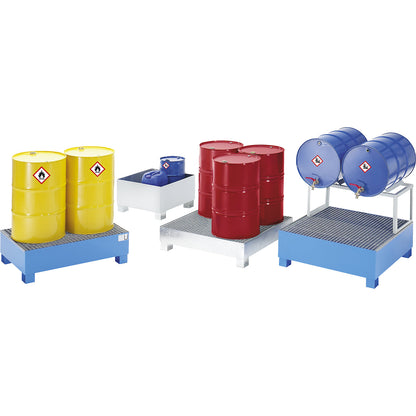 Steel sump tray for 200 l drums, LxWxH 800 x 800 x 465 mm, with certification, powder coated blue, without grate.
