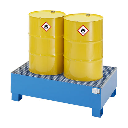 Steel sump tray for 200 l drums, LxWxH 1200 x 800 x 360 mm, with certification, powder coated blue, without grate.