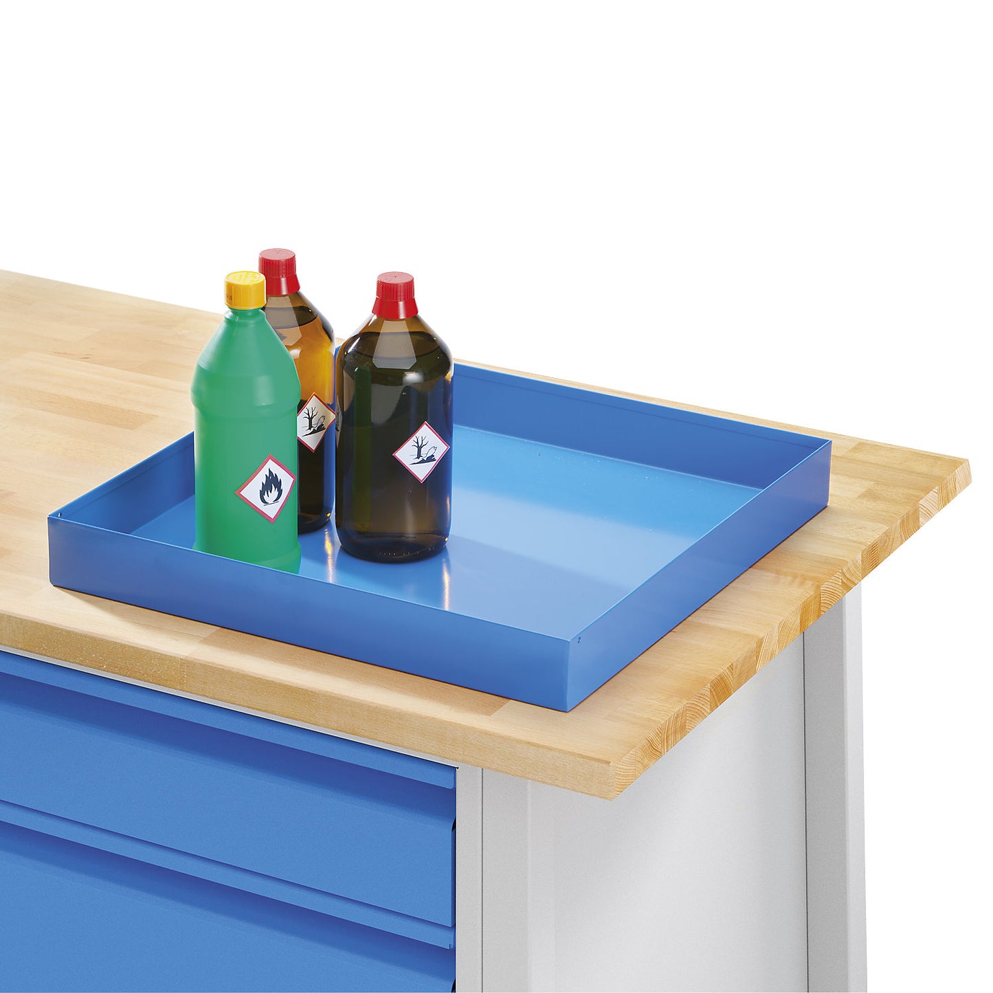Steel sump tray for small containers, light blue, sump capacity 12 l, length 470 mm.