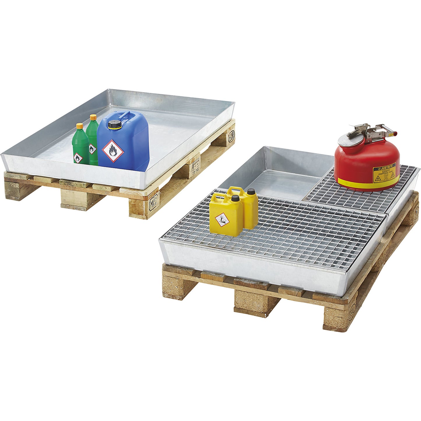 Steel small container pallet tray, sump capacity 40 l, max. load 100 kg, zinc plated.