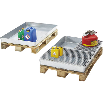 Steel small container pallet tray, sump capacity 20 l, max. load 50 kg, zinc plated.