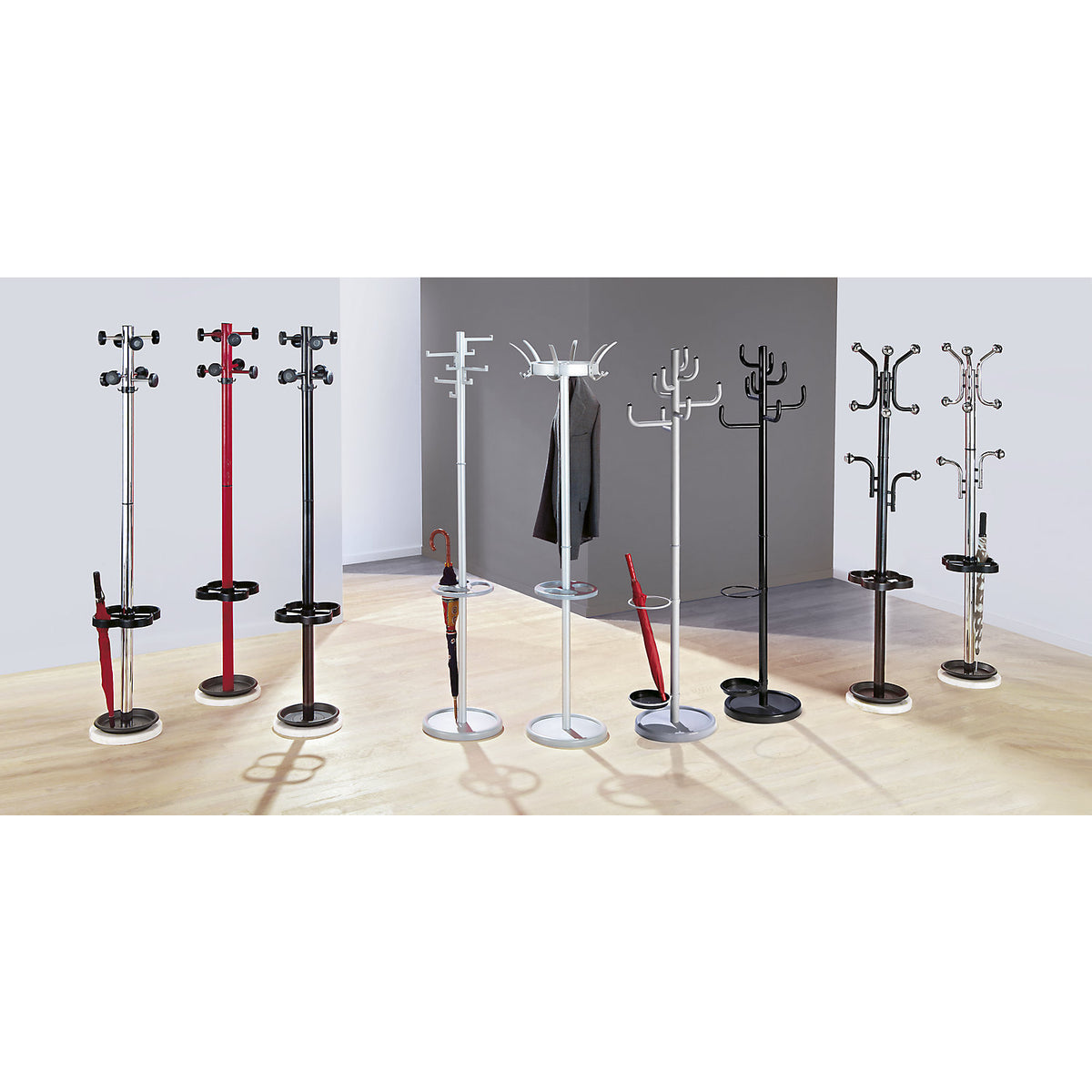 Coat stand, with 6 hat hooks and 12 coat hooks, white aluminium.