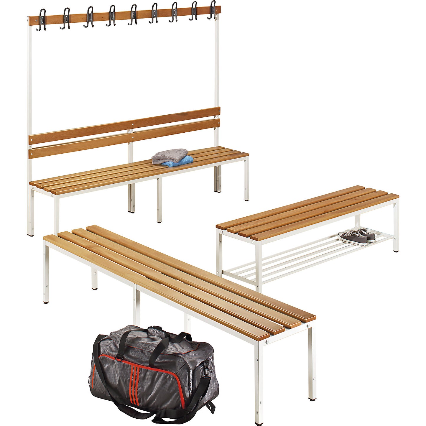 Changing room bench, single sided, beech wood slats, length 1000 mm.