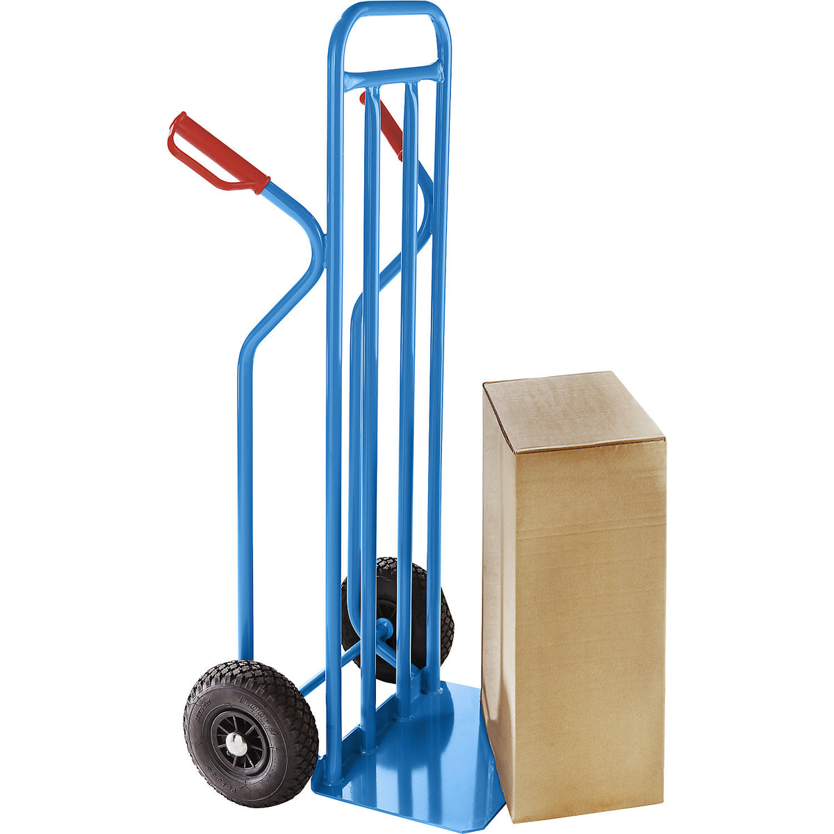 Steel sack truck, XXL model, extra-large footplate, pneumatic tyres.