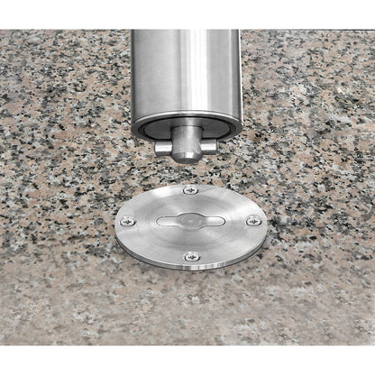 Stainless steel barrier post, with end cap, ground sleeve for bolting in place, Ø 76 mm.