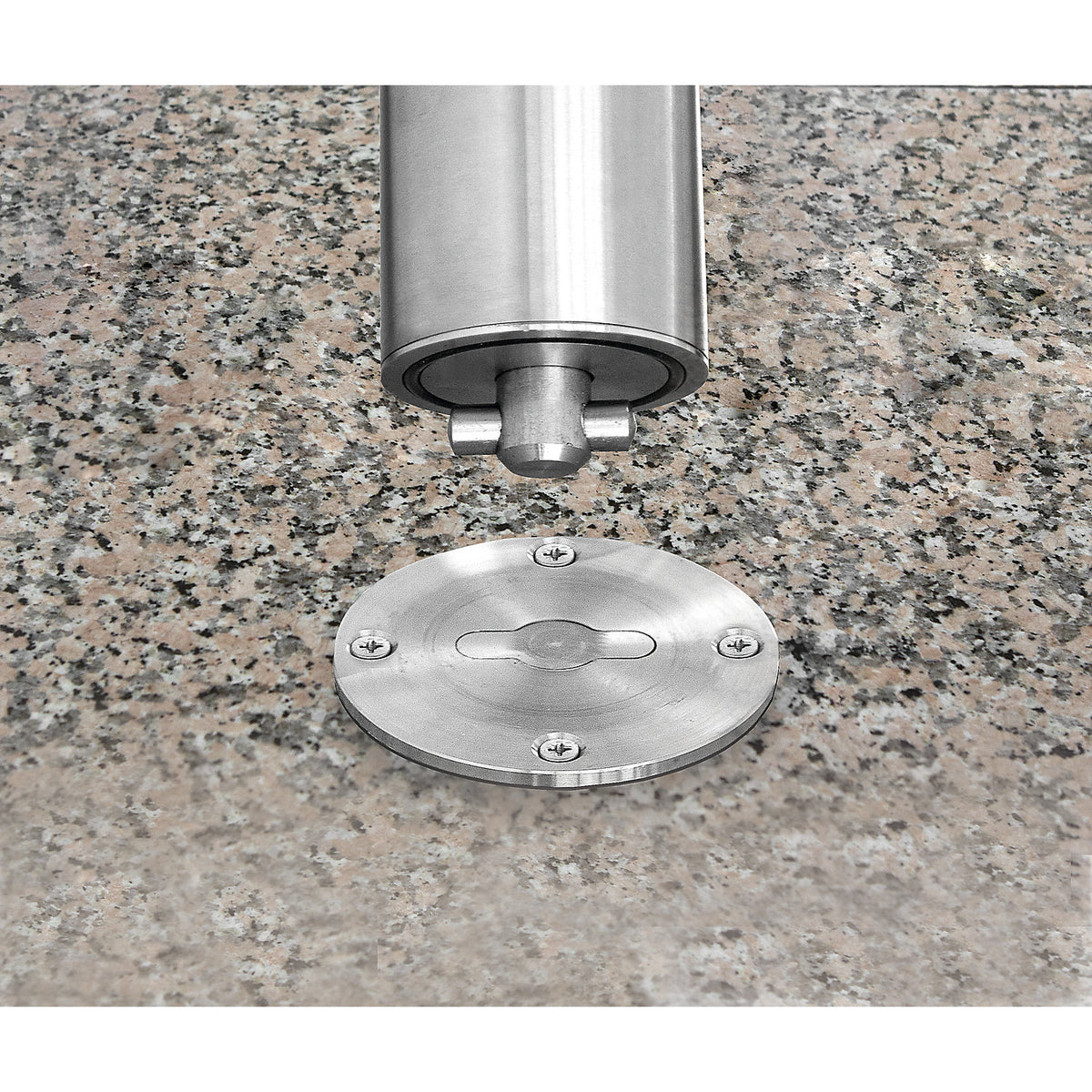 Stainless steel barrier post, with flat head, ground sleeve for bolting in place, Ø 102 mm.