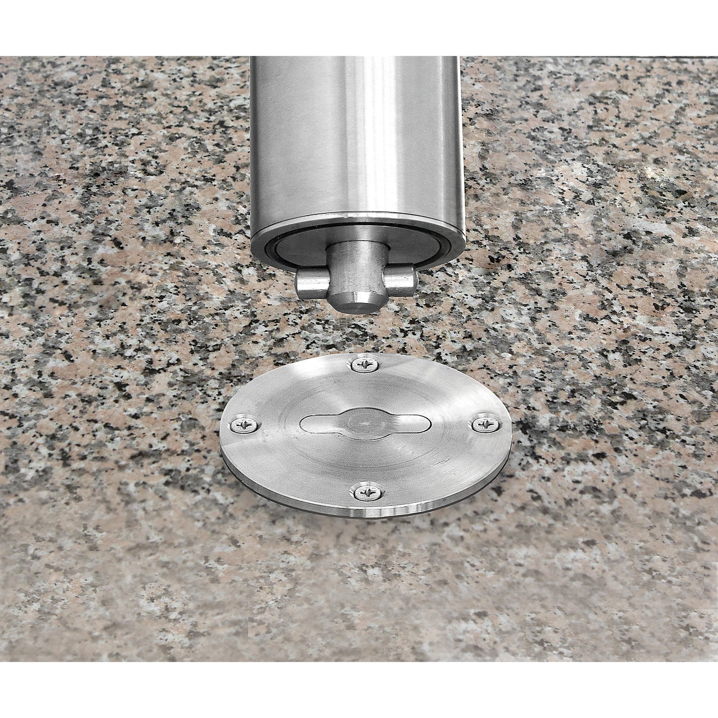 Stainless steel barrier post, with flat head, ground sleeve for bolting in place, Ø 76 mm.
