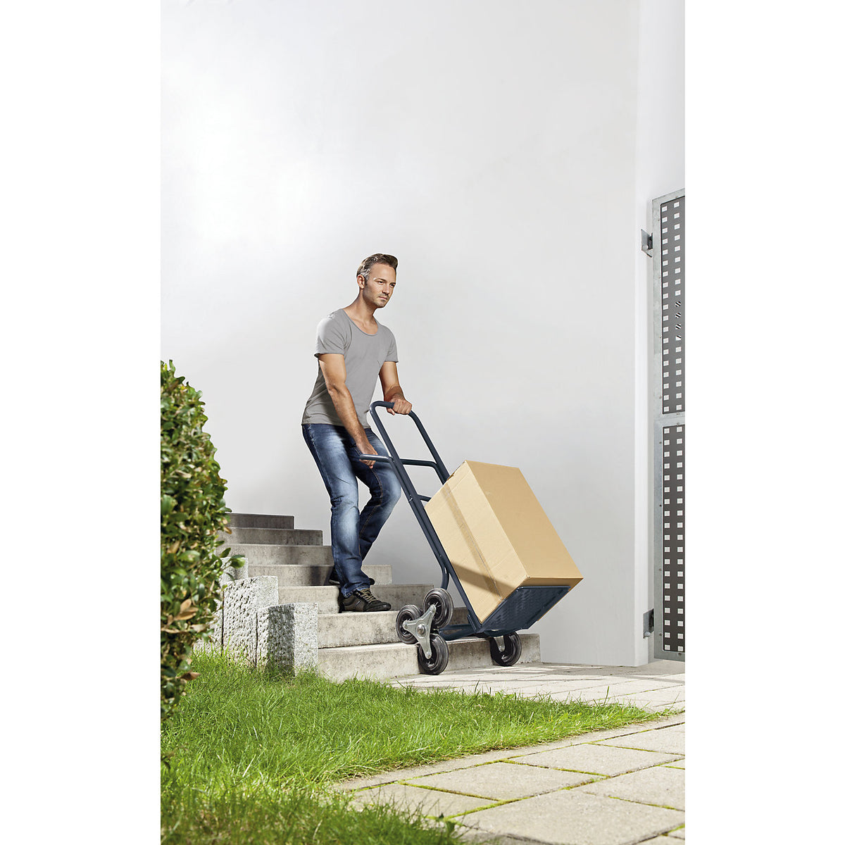 Steel stair climbing truck, footplate WxD 280 x 250 mm, with handle bar.