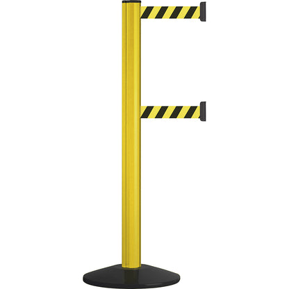 Belt post made of aluminium, belt extends to 3700 mm, post colour yellow, 2 tape belts.
