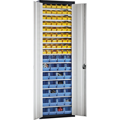 Storage cupboard with open fronted storage bins, HxWxD 2150 x 680 x 280 mm, two-colour, black body, grey doors, 52 bins.