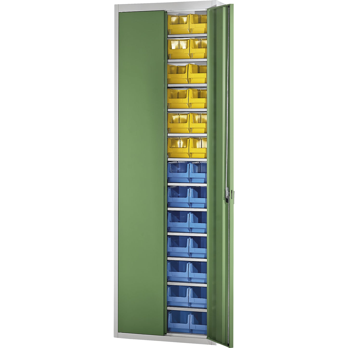 Storage cupboard with open fronted storage bins, HxWxD 2150 x 680 x 280 mm, two-colour, black body, grey doors, 114 bins.