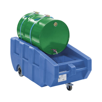 PE drum transport and filling trolley, sump capacity 230 l, LxWxH 1600 x 740 x 640 mm.