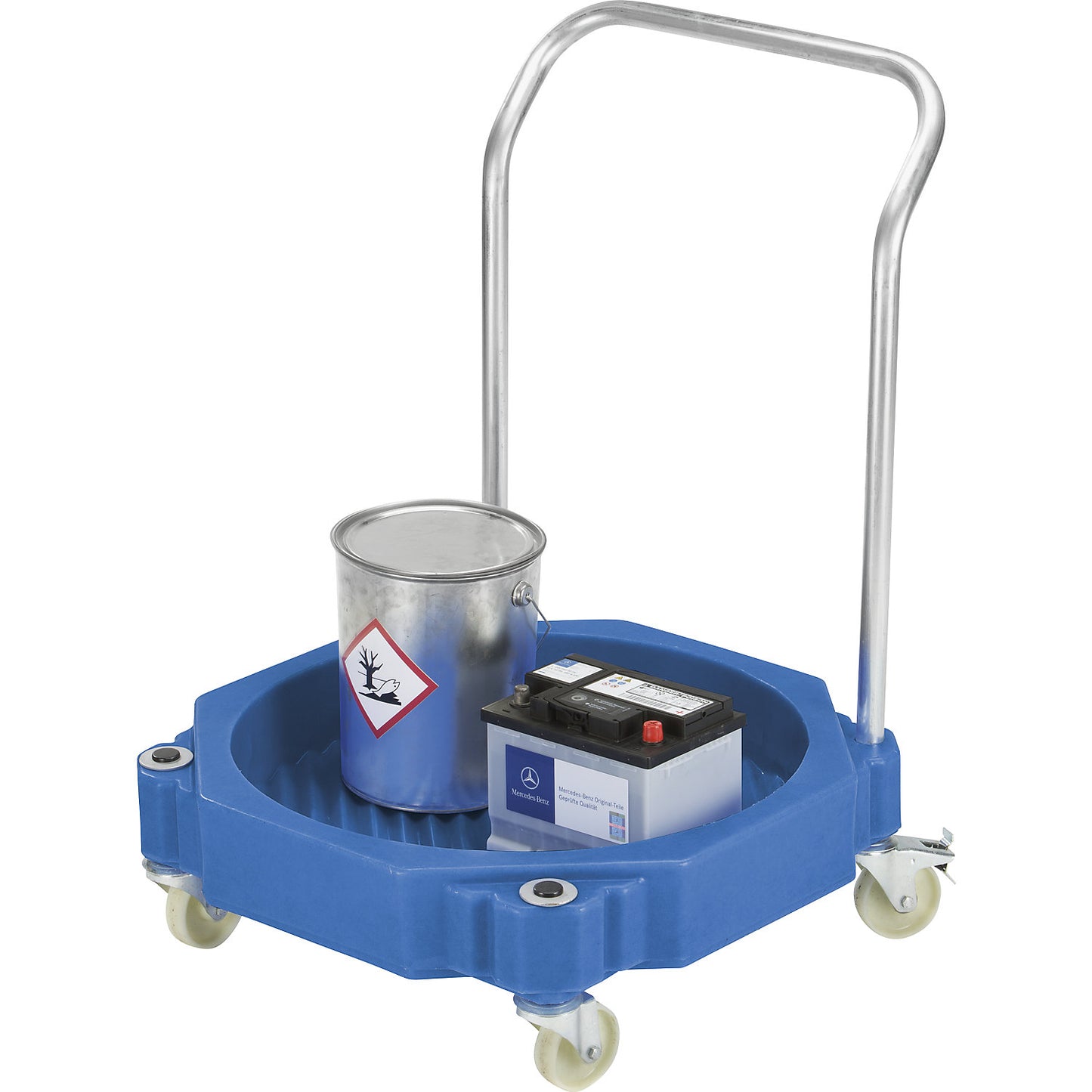 PE drum dolly, with 30 l sump tray, push handle, LxWxH 725 x 725 x 990 mm.