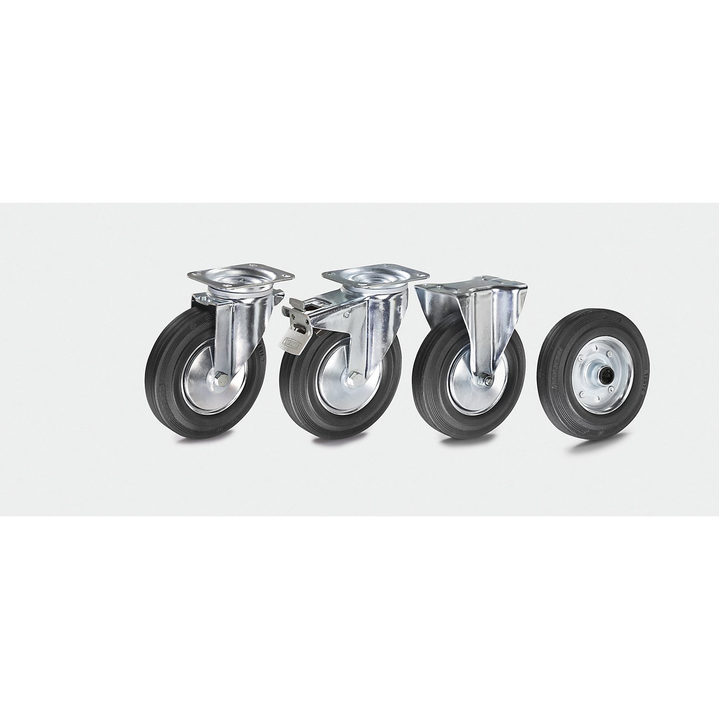 Solid rubber tyre, wheel Ø x width 200 x 50 mm, fixed castor.